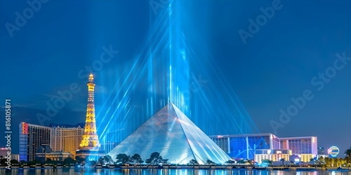 Neon Lights Illuminating Las Vegas Strip with Luxor Pyramid and Eiffel Tower Replica at Night. Concept Illuminated Landmarks, Night Photography, Las Vegas Strip, Neon Lights, Architecture