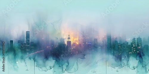 Urban Landscape Evolves from Abstract Smoke on Canvas, with Twinkling Lights in the Haze. Concept Abstract Artwork, Urban Landscape, Smoke on Canvas, Twinkling Lights, Hazy Atmosphere