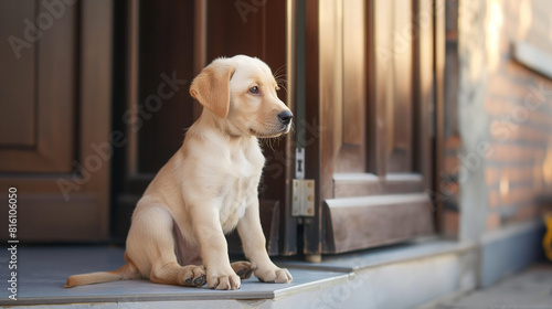 Cachorro sentado pacientemente na porta da frente, aguardando ansiosamente um passeio com seu dono