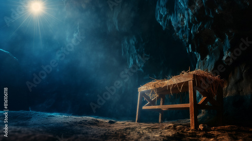 Cena de Natal cristão com manjedoura de madeira vazia, estrela de Belém na caverna. Nascimento de Jesus Cristo, fundo do presépio