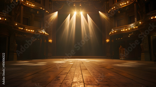 Wide shot of an Empty Elegant Classic Theatre with Spotlight Shot from the Stage Welllit Opera House with Beautiful Golden Decoration Ready to Recieve Audience for a Play or Ballet Sho : Generative AI
