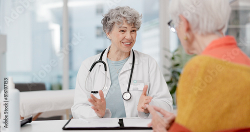 Old woman, senior or doctor with patient in consultation for healthcare advice or hospital checkup in clinic Speaking, nursing or medical professional talking to person in appointment for medicare
