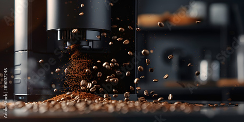 Automatic Coffee Grinder Machine Roasted Beans in kitchen on wooden table background