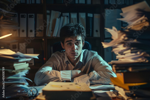 Young professional man looks exhausted and stressed at desk in dark office, drowning in an overwhelming amount of paper documents