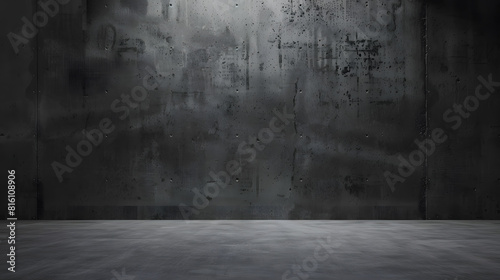 Wide dark concrete studio room background with low lighting for product display or mock up design empty three dimensional concrete room backdrop : Generative AI