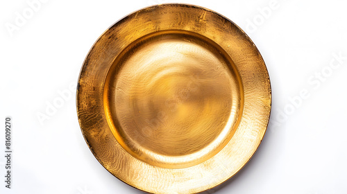 Top view of golden plate isolated on white background : Generative AI