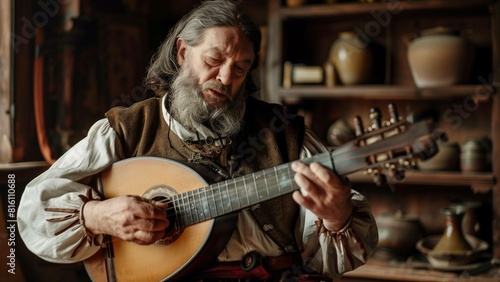 Close-up portrait of a medieval bard