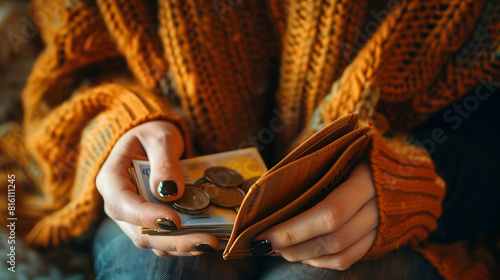 Closeup of womans hands with empty wallet and utility bills The concept of rising prices for heating Many utility bills coins and hands in a warm sweater holding an open wallet : Generative AI