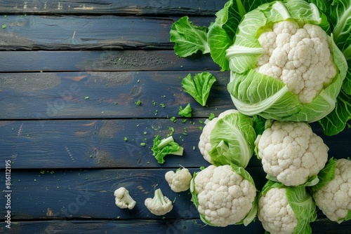 Overhead view of whole cauliflower heads with green leaves on a dark wooden background