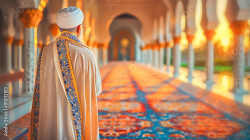 Islamic holiday background. Mullah in traditional attire walks through majestic corridors of mosque, with setting sun illuminating carpets, reflecting solemnity and spirituality on Islamic holiday