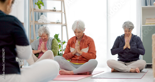 Senior women, start yoga and coach talking of health, wellness and spiritual training, support and exercise ideas. Workout, pilates class and elderly people, clients and personal trainer for planning