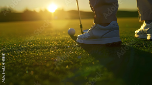 Golfer putting ball on green of course Beautiful view in sunset Player wearing white shoes and smooth green grass theres a beautiful fairway and layout See boundaries of the green and : Generative AI