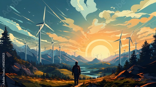 Scenic landscape with wind turbines silhouetted against a fiery sunset, harnessing clean energy