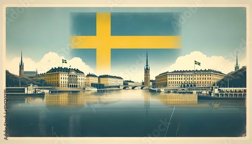 Vintage style illustration for sweden national day with the swedish flag and iconic stockholm scenery.
