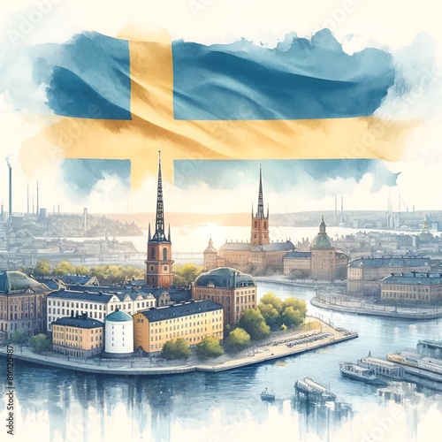 Watercolor illustration for sweden national day with the swedish flag and iconic stockholm scenery.