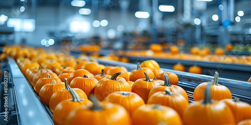 Orange pumpkins on a conveyor belt in a modern factory.