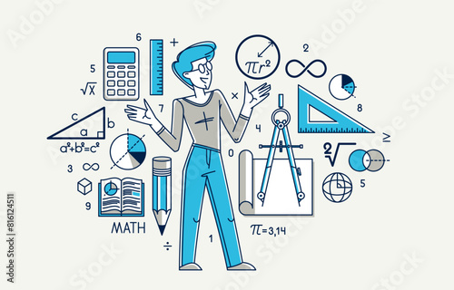 Mathematics education vector with student learning math or teacher explaining lesson, mathematician working on some theoretical science.