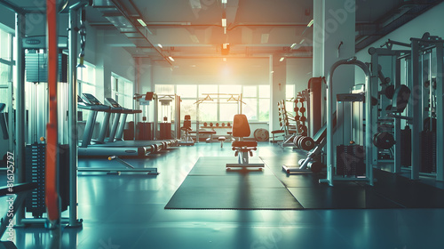 No people photo of an empty gym wellequipped with all kinds of machines : Generative AI