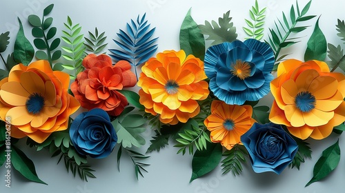 Vibrant paper flowers arranged in an artful display, their colorful petals and lush green leaves set against a calming blue backdrop, creating a harmonious composition