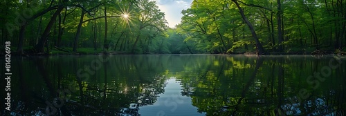 Reflection of trees in water in early summer realistic nature and landscape