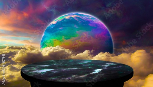 base de mármore em fundo céu colorido espetacular com planeta