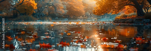 Reflection water lake in the garden during falling season, natural landscape background realistic nature and landscape