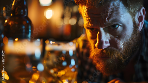 bearded redhead man sad with empty glasses of beer in a bar : Generative AI