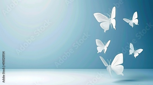  A flock of white butterflies soaring over a blue sky, casting a mirror-like reflection onto the ground below, with a brilliant focal point centered in the frame