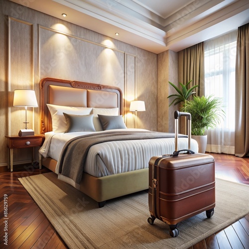 Elegant hotel room with a neatly made bed, modern decor, and a suitcase, suggesting a comfortable stay
