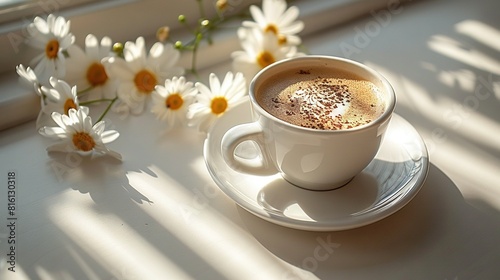  A cup of cappuccino sits on a saucer beside daisies on a windowsill