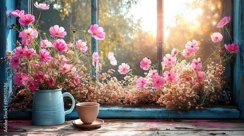  A windowsill adorned with pink blossoms flanks a cerulean vase holding pink petals and a steaming cup of joe