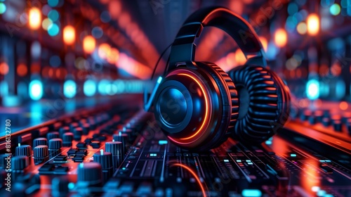 Headphones resting on sound mixer blurred background of concert stage bright lights