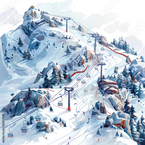 3D vector of a ski resort with slopes and ski lifts,watercolor illustrations