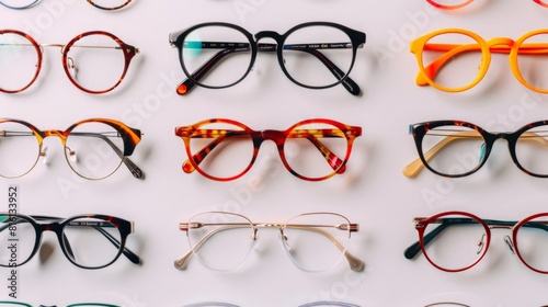 Assortment of Trendy Eyeglasses in Various Colors and Styles Displayed on a White Background