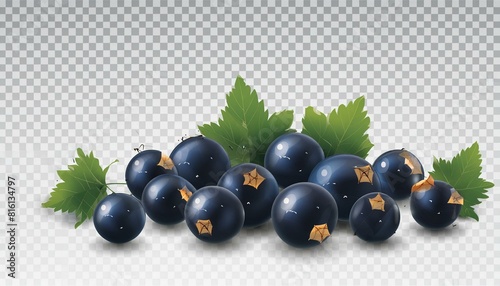 Blackcurrant black currant cassis Ribes nigrum, many angles and view side top front group bunch isolated on transparent background cutout, PNG file. Mockup template for artwork graphic ... See More 