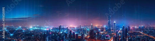 A high-resolution panoramic cityscape overlaid with digital elements serves as an abstract, futuristic wallpaper and background