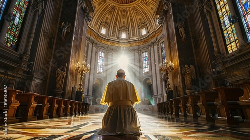 reverent pope kneels in prayer within ornate chapel bathed in soft light filtering through stained glass of majestic cathedral
