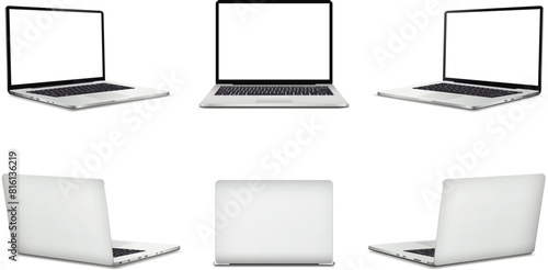 Realistic laptop mockup with blank screen isolated on white background, perspective laptop mock up different angles views