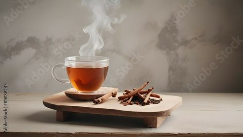 Tonic tea, its flavors derived from the harmonious combination of fresh and dried red ginseng, is placed on a wooden dais atop a cement surface.