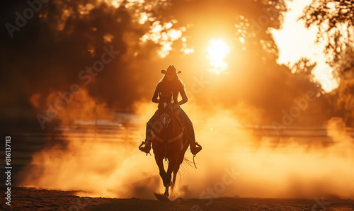 A female horseback rider is silhouetted by the sun, riding at full gallop, wearing a cowboy hat, the dust from the prairie creates a dramatic coud behind her. A Cowgirl, rider, equestrian portrait