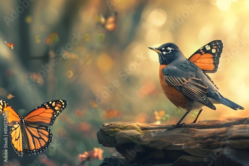  Beautiful background image of a wild robin (Erithacus rubecula) with stunning colors and a monarch butterfly (Danaus plexippus) standing on a branch.