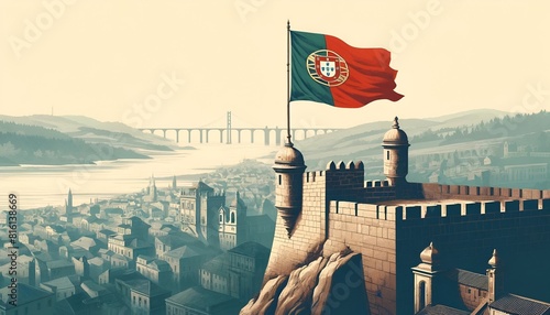 Watercolor illustration with a landmark of portugal for portugal day celebration.