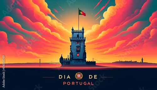 Illustration of a poster celebrating portugal day with the iconic tower in lisbon.