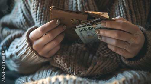 Closeup of womans hands with empty wallet and utility bills The concept of rising prices for heating gas electricity Many utility bills coins and hands in a warm sweater holding an ope : Generative AI