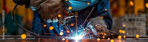 Intense closeup of an industrial welder at work, sparks flying vividly as metal fuses, focus on the hands and the bright light of the welding torch