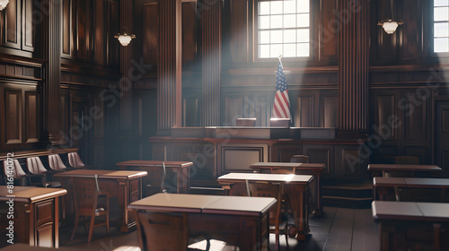 Empty American Style Courtroom Supreme Court of Law and Justice Trial Stand Courthouse Before Civil Case Hearing Starts Grand Wooden Interior with Judges Bench Defendants and Plaintiff : Generative AI