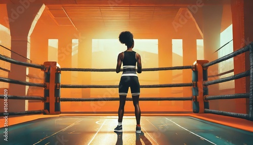 Black teenage girl boxer standing in a boxing ring in an orange room