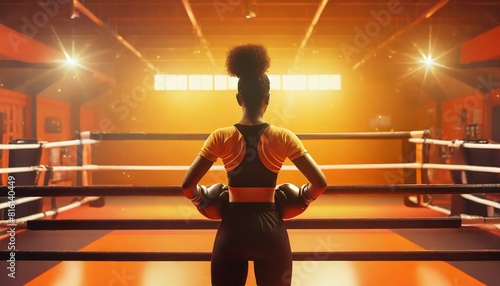 Black teenage girl boxer standing in a boxing ring in an orange room