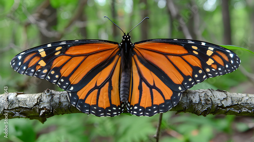 An orange monarch butterfly resting on a stick.