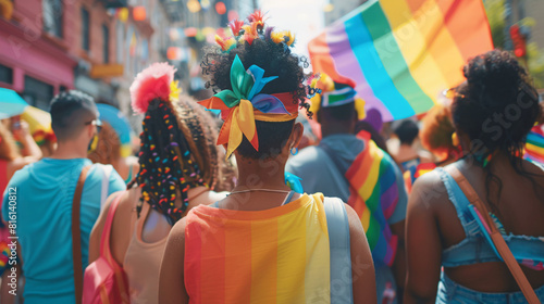 Vibrant pride parade celebration. Back view of a person with a colorful outfit and decorations, walking in a pride parade, capturing the joyful and inclusive atmosphere of the event. AI generative..